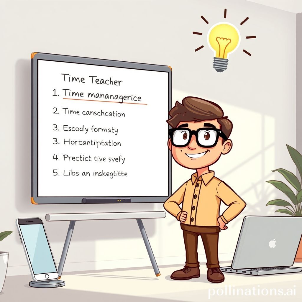 A friendly, wise-looking cartoon teacher character (perhaps a man or woman with glasses) stands beside a whiteboard or large digital screen. On the screen, there are clear, organized bullet points representing time management tips. Around the teacher, various digital devices (smartphone, laptop, tablet) are depicted, but instead of being distracting, they are shown as tools being effectively used or neatly organized. The overall mood is calm, productive, and encouraging, with a lightbulb icon above the teacher's head symbolizing insight.