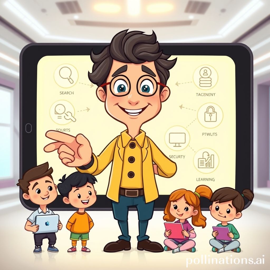A friendly, wise-looking cartoon teacher character pointing to a large, glowing tablet or screen that displays various icons representing digital skills (e.g., a magnifying glass for search, a chat bubble for communication, a shield for security, an open book for learning). Around the teacher and tablet, there are diverse cartoon learners of different ages, looking engaged and curious, some holding mini-laptops or smartphones. The background is bright and modern, suggesting a futuristic learning environment. The overall style is warm, inviting, and slightly whimsical.