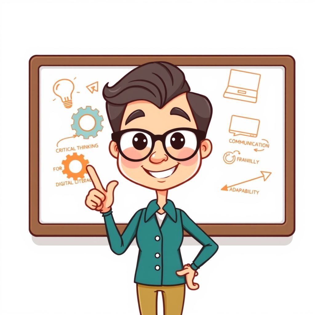 A friendly, wise-looking cartoon teacher character with glasses, standing in front of a whiteboard filled with various symbols of 21st-century skills (a lightbulb for creativity, gears for critical thinking, speech bubbles for communication, a laptop for digital literacy, and an arrow for adaptability). The teacher has an encouraging smile and is pointing towards the whiteboard. The overall style is clean, modern, and inviting.
