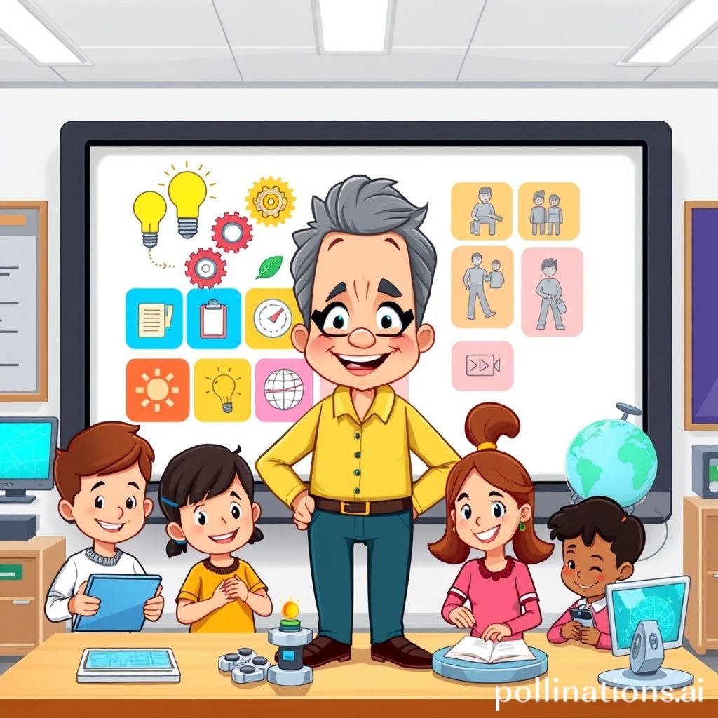 A friendly, wise-looking cartoon teacher stands proudly in front of a modern, interactive digital whiteboard. The whiteboard displays a vibrant collage of icons representing future skills: a lightbulb for creativity, gears for critical thinking, people collaborating, a laptop for digital literacy, and a globe for global awareness. Around the teacher, several diverse cartoon children are engaged in various learning activities: one is using a tablet for an educational game, another is building a small robot, and two are collaborating on a project with a futuristic screen. The classroom is bright, colorful, and futuristic, emphasizing a joyful and engaging learning environment.
