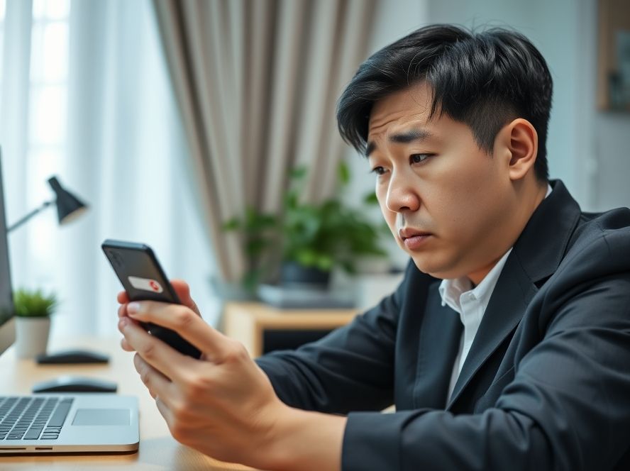 본인인증 실패로 좌절하는 사람, 디지털 문제 해결의 중요성 강조.