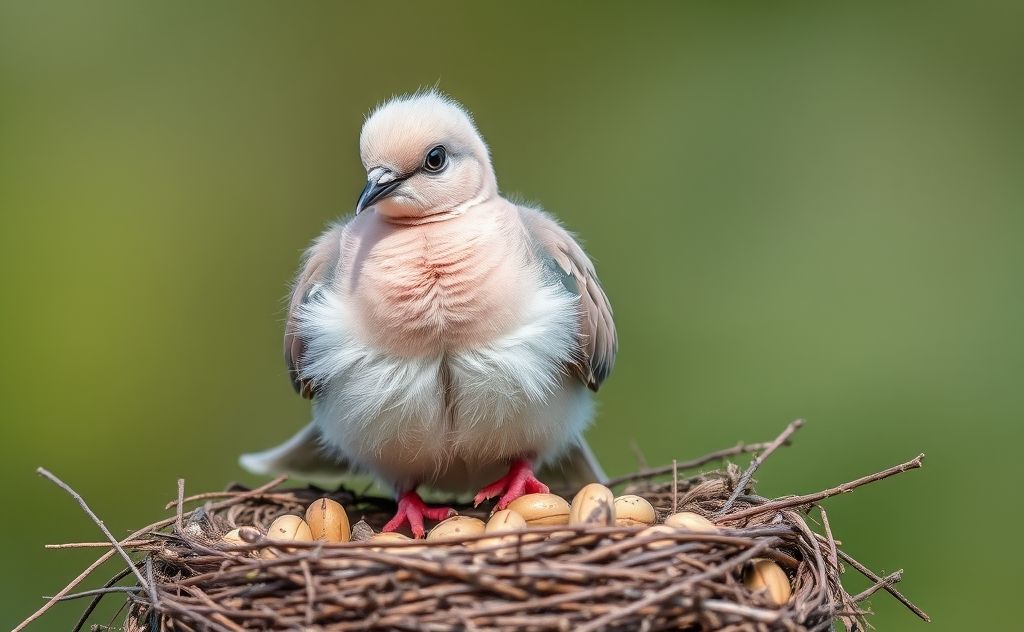 A fully feathered baby dove perched on a nest with seeds nearby.