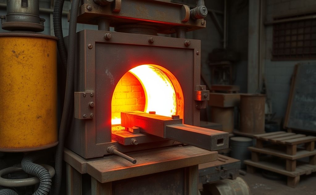 A furnace with glowing heat treating metal parts in a workshop.