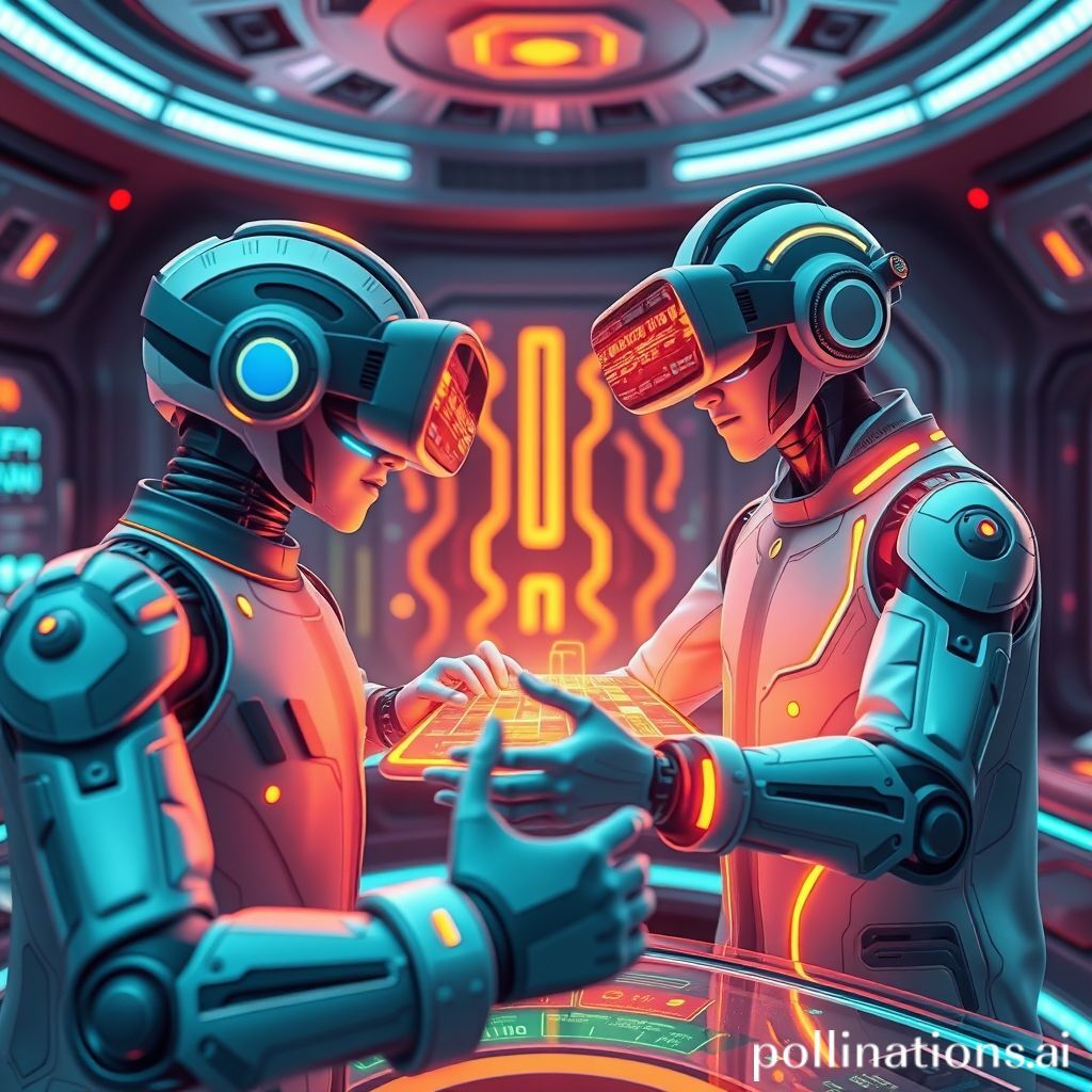 A futuristic VR game environment where an AI character helps a player solve a complex puzzle, glowing interface, vibrant colors, high detail, 4K.
