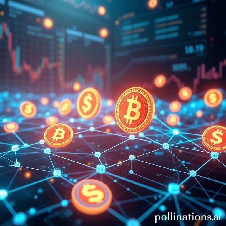 Visualisasi abstrak keuangan digital, dengan stablecoin mengalir di jaringan blockchain yang menunjukkan pertumbuhan likuiditas.