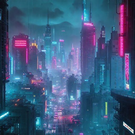 A futuristic cyberpunk city at night with neon lights