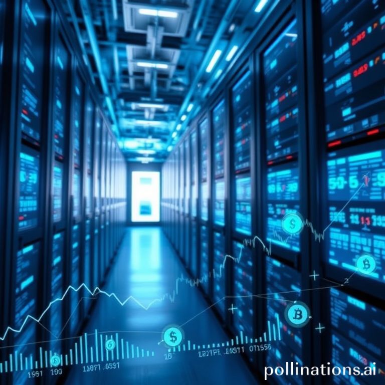 Illustrates the convergence of advanced AI data centers and financial investment, highlighting the debt-fueled growth driving the AI boom.