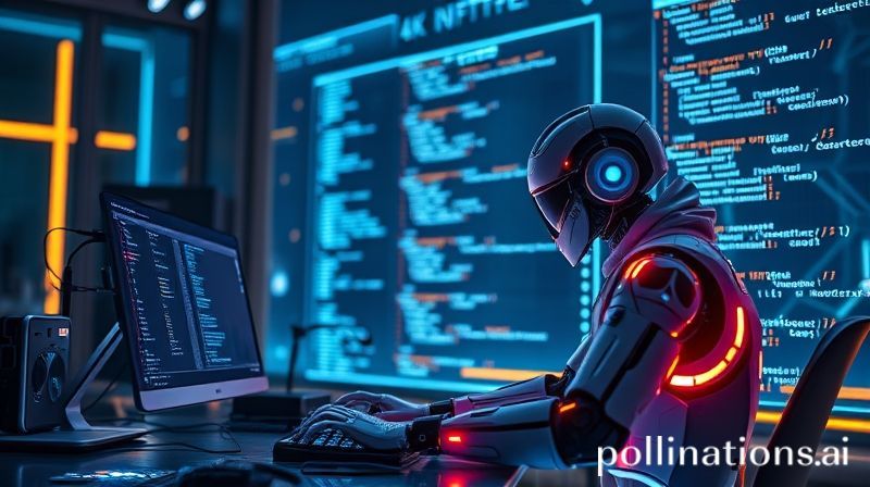 A developer collaborating with an AI coding assistant on a futuristic holographic display.