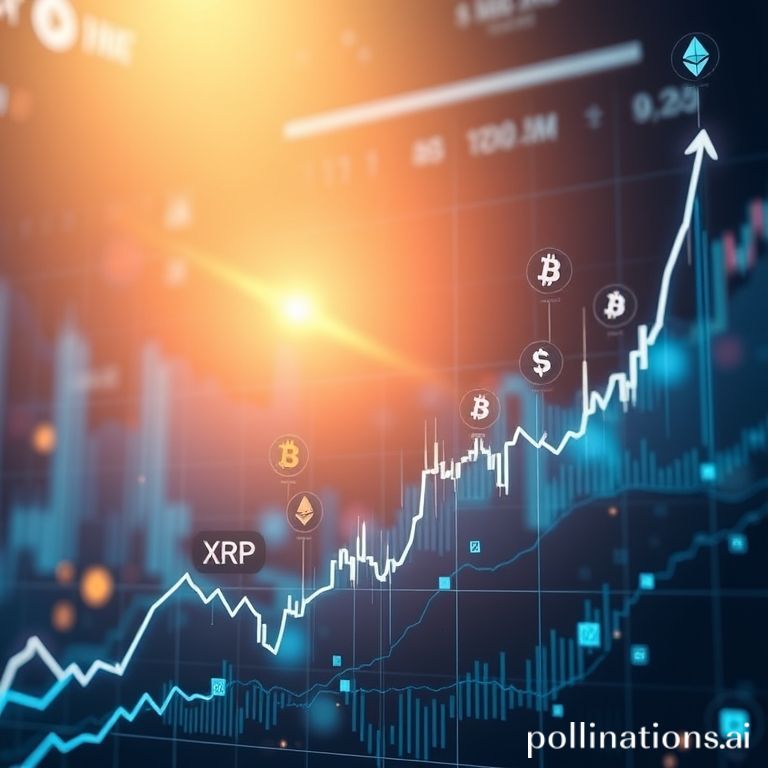 Grafik digital yang menunjukkan kenaikan harga XRP yang signifikan, diapit oleh simbol Bitcoin dan Ethereum, mencerminkan optimisme investor dan prediksi pasar.