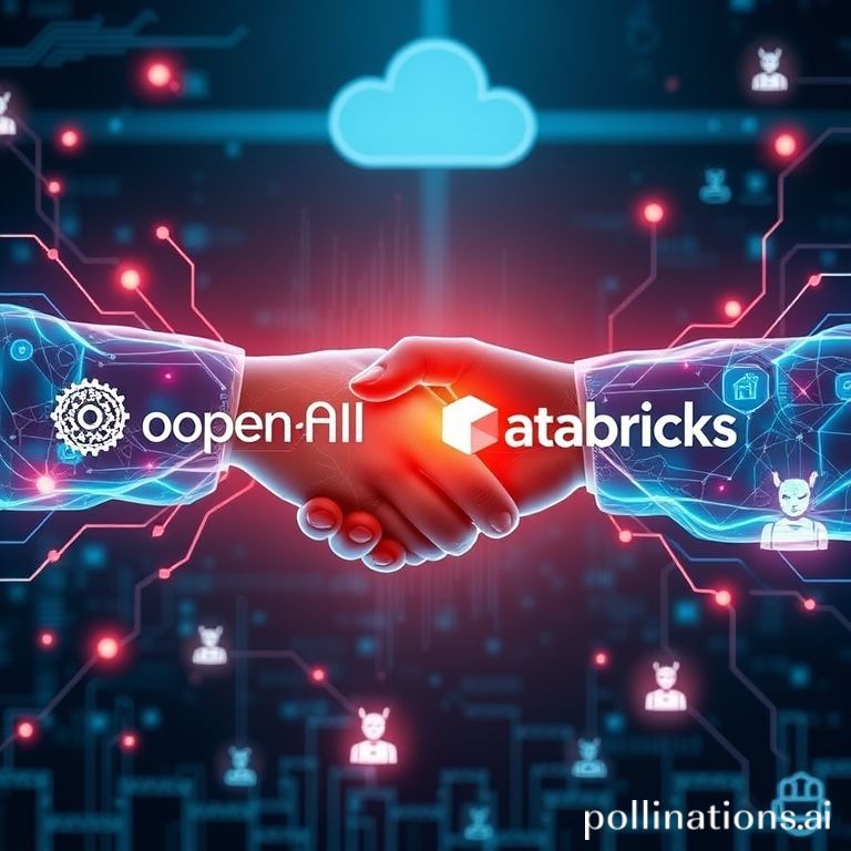 OpenAI and Databricks logos merge over a network of data streams and AI agent icons, symbolizing their enterprise AI partnership.