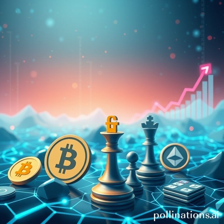 Ilustrasi visual yang menggambarkan ekosistem Tapzi dengan token kripto, elemen game Web3, dan grafik pertumbuhan pasar yang positif.