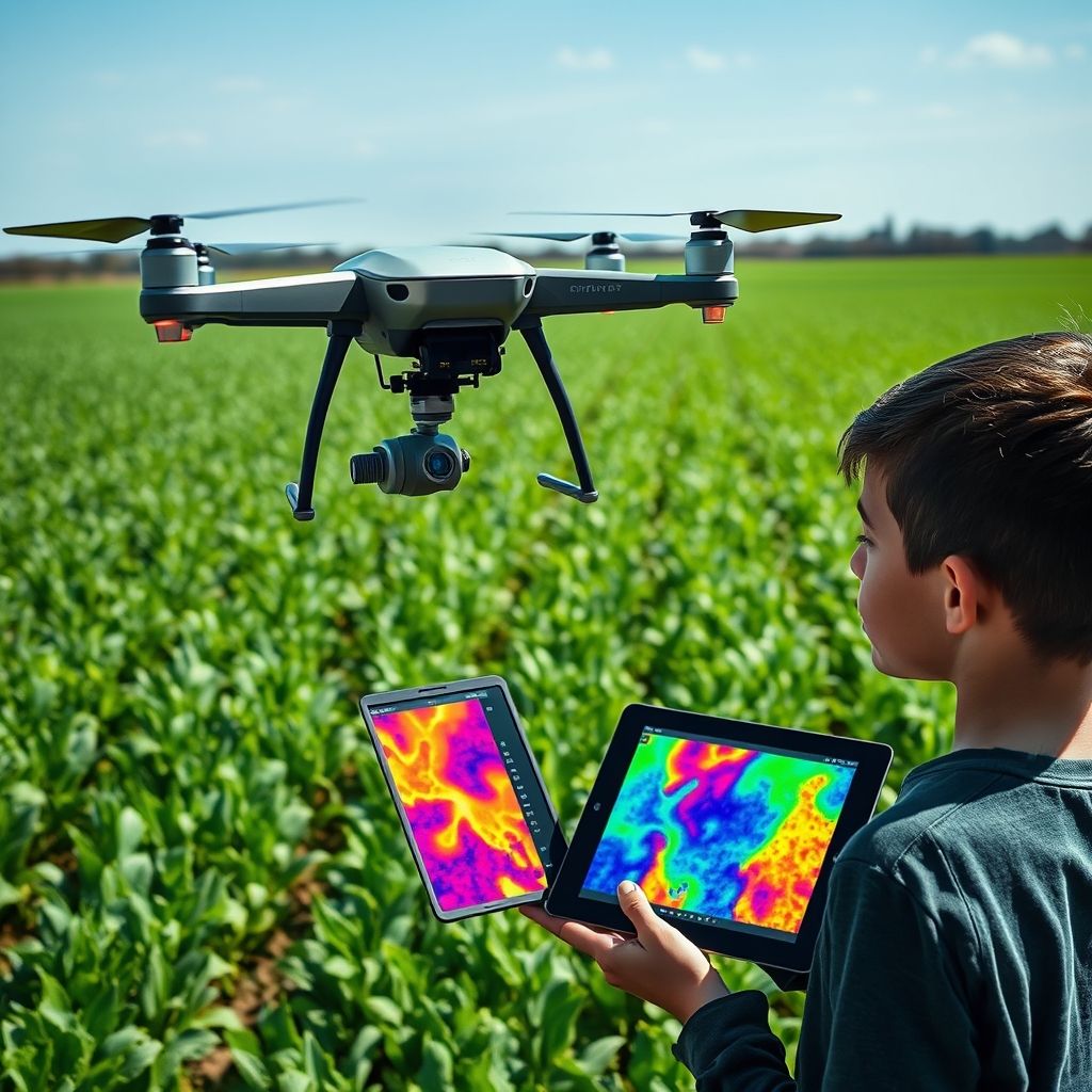 Smart Farming සඳහා හයිපර්ස්පෙක්ට්රල් නිරූපණය (Hyperspectral Imaging) ගොවිබිමක් මත පියාසර කරන හයිපර්ස්පෙක්ට්රල් කැමරාවක් සහිත ඩ්රෝනයක් සහ ටැබ්ලටයකින් දත්ත නිරීක්ෂණය කරන සිසුවෙක්