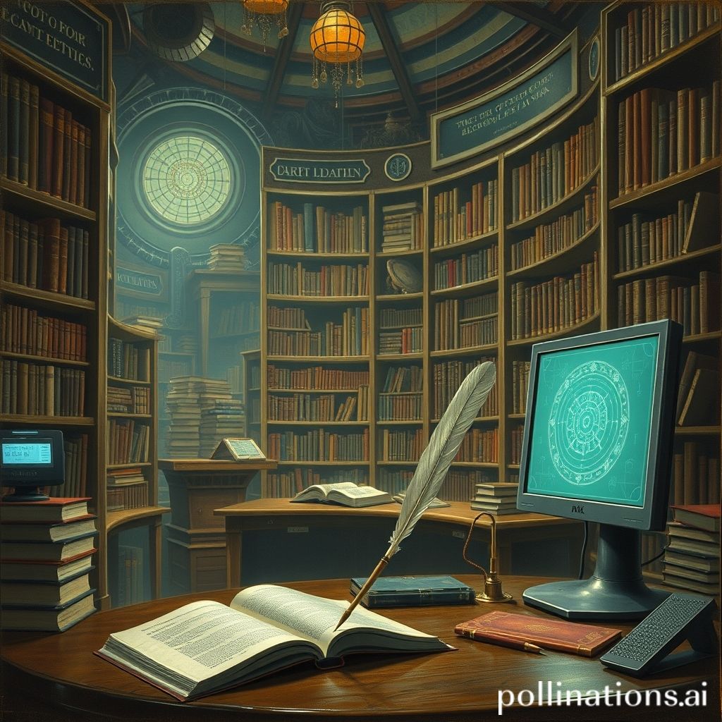 A futuristic library where books are alive and debating the ethics of AI, with a quill pen and a glowing computer screen nearby, in the style of a 19th-century oil painting with a touch of cyberpunk.