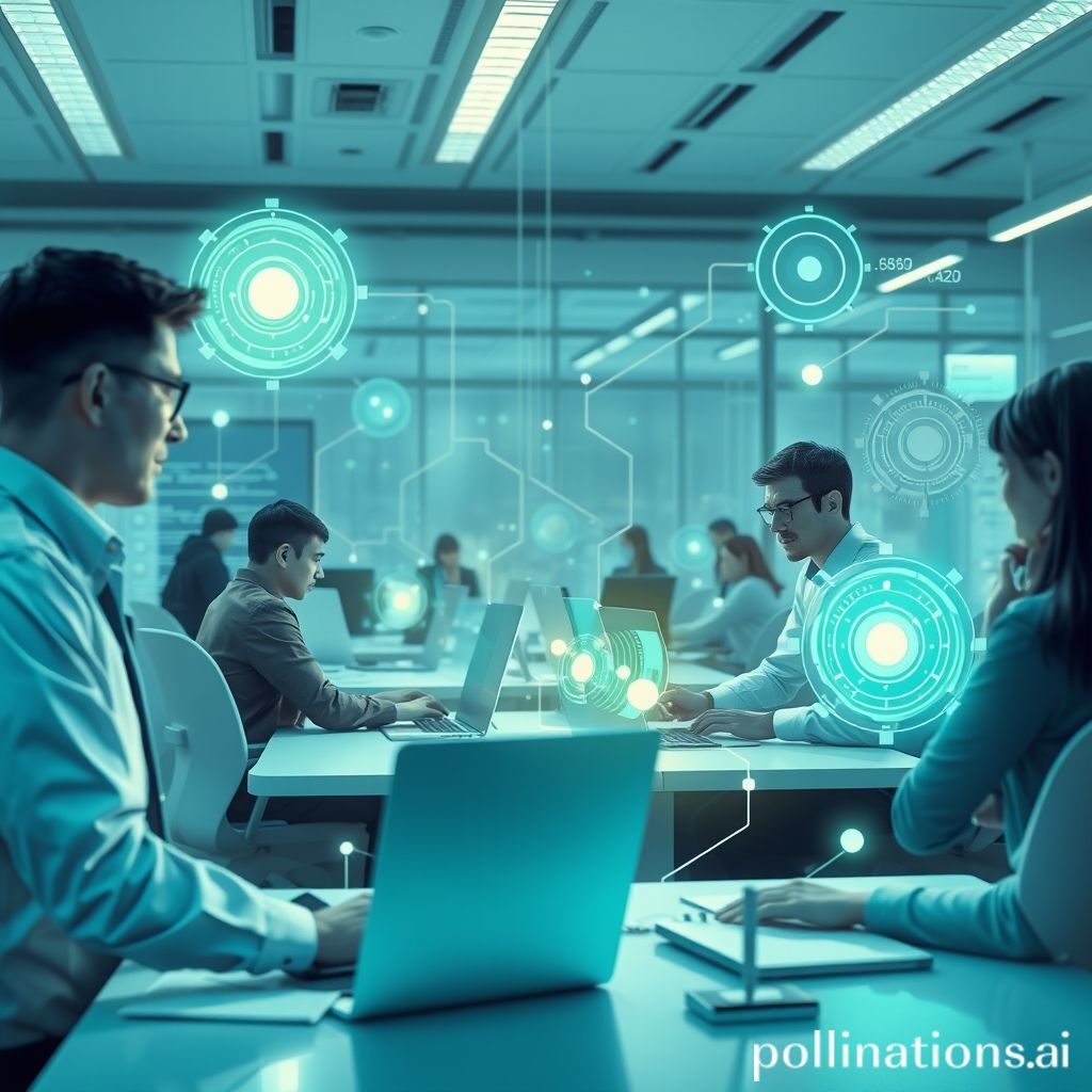 A futuristic office scene where human workers are collaborating with abstract, glowing AI interfaces. The atmosphere is innovative and dynamic, with subtle digital elements and data streams flowing around. Focus on a sense of progress and integration, not replacement. The color palette is clean, modern, and slightly optimistic, with blues and greens predominating.