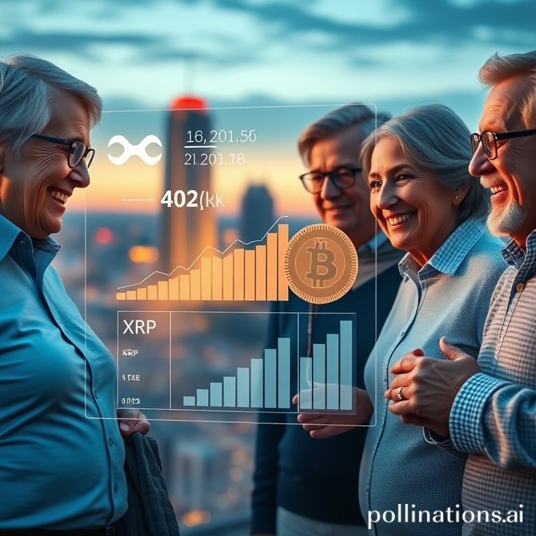 Visualisasi perpaduan tabungan pensiun 401(k) tradisional dan pertumbuhan investasi aset digital seperti XRP untuk keamanan finansial jangka panjang.