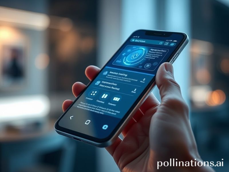Futuristic AI-powered smartphone with a holographic assistant.