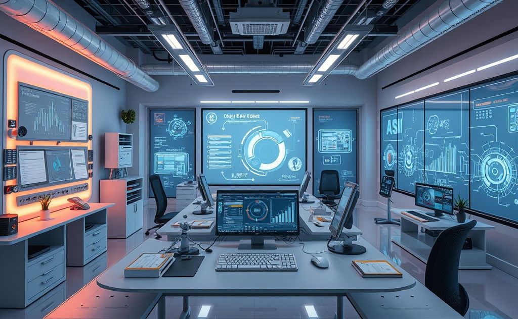 A futuristic workspace with advanced AI technology and tools.