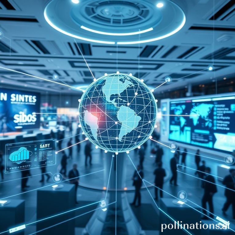 Digital transformation in banking, showing interconnected systems, AI interfaces, and global financial networks from Sibos 2025 conference.