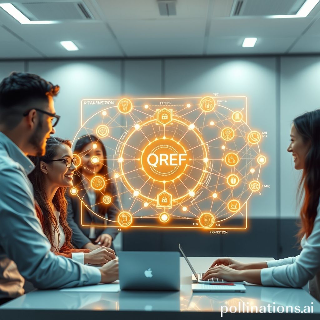 A collaborative workspace with diverse team members discussing a glowing, complex diagram representing a 'Quantum-Resistant Framework for Ethical AI (QREF)'. The diagram shows interconnected nodes and pathways, symbolizing security, ethics, and transition. The background is a subtle, clean, high-tech office environment. The overall feel is optimistic and innovative.