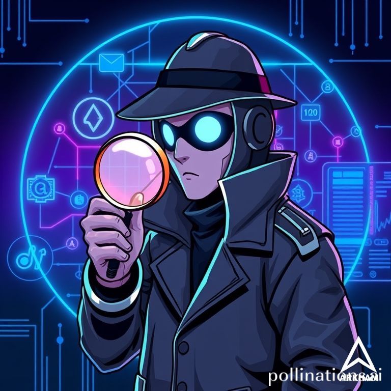 A futuristic, cyberpunk-style illustration of a detective figure (could be a stylized character or a robot) holding a glowing magnifying glass over a holographic display showing interconnected blockchain nodes, cryptocurrency symbols, and data graphs. The background is dark with neon blue and purple lights, emphasizing a 'spying on data' theme. Include subtle elements like digital lines connecting wallets or entities, and maybe a small Arkham logo or text. The overall vibe should be techy and investigative, with a touch of Gen Z aesthetic.
