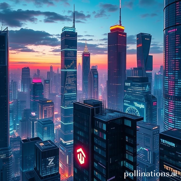 A sprawling, luminous cityscape with holographic financial charts and a prominent, glowing Tether logo, symbolizing a monumental financial endeavor and the future of digital asset valuation.