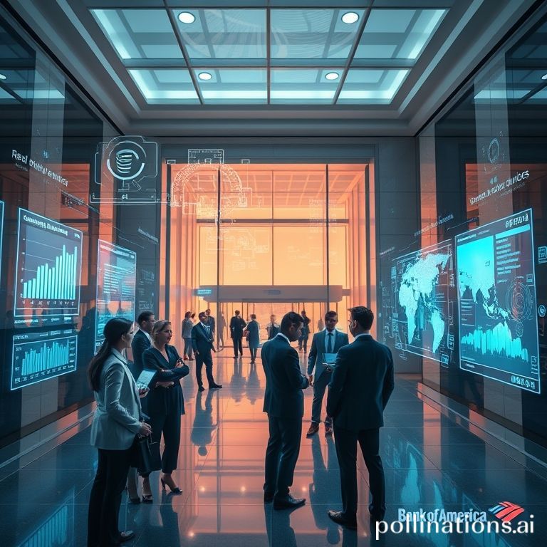 Bank of America employees and clients utilizing generative AI for enhanced financial services and strategic insights, depicted by modern digital interfaces.