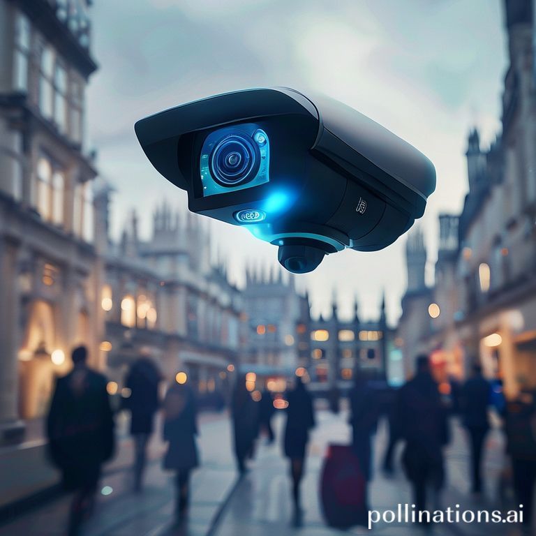 A high-tech facial recognition camera blends into a bustling London street, symbolising the UK's new surveillance rollout and its impact on privacy and civil liberties.