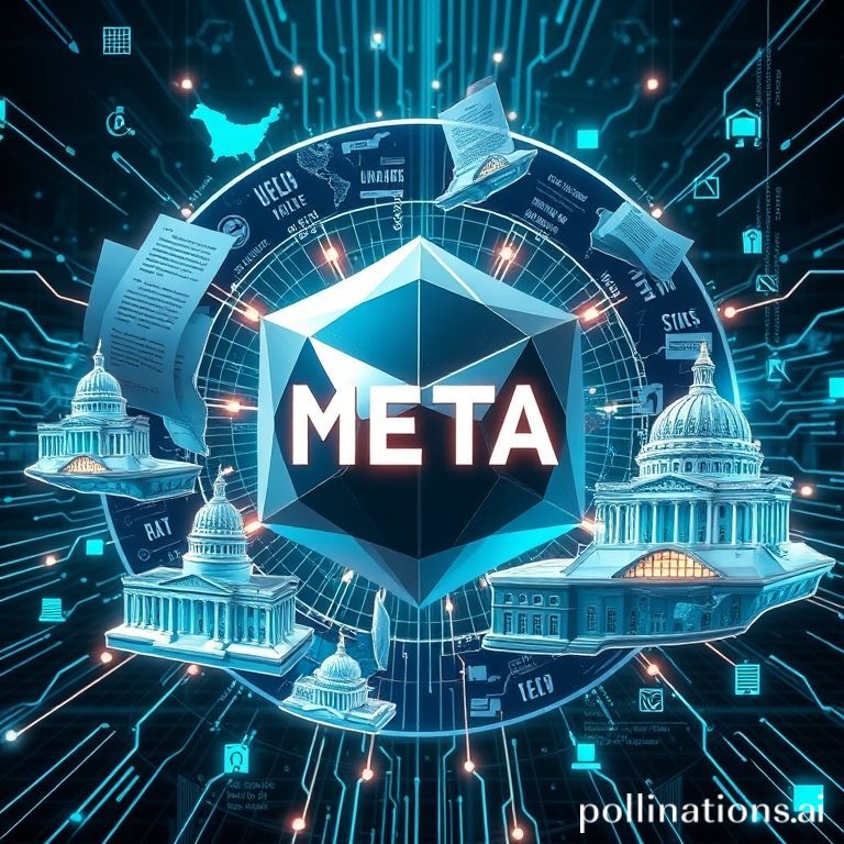 Meta's strong stance against state AI bills, depicted by its logo towering over fragmented legislative documents.