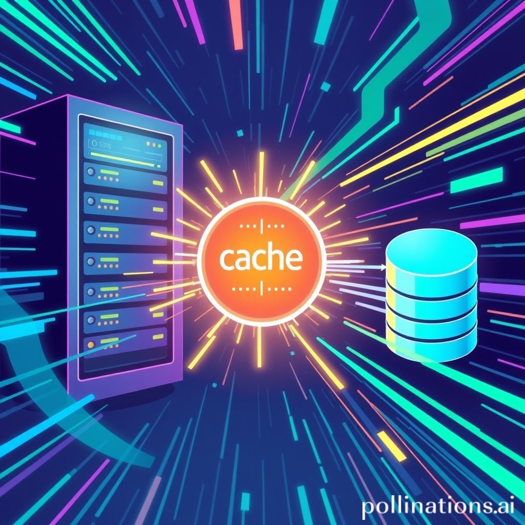 A futuristic, stylized illustration depicting data flowing rapidly between a server rack and a database icon, with a glowing 'cache' symbol in the center, surrounded by abstract digital patterns and speed lines. The overall impression is high-speed data processing and optimization, using a color palette of deep blues, purples, and neon greens.