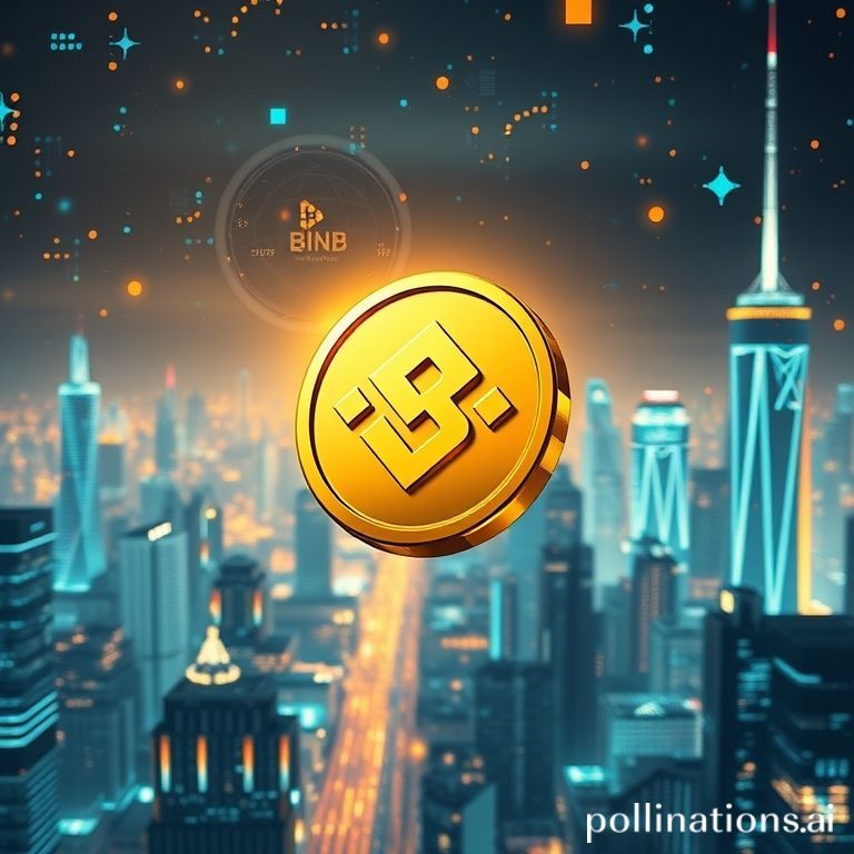 A futuristic, stylized image of the Binance logo and BNB coin floating amidst a digital cityscape that glows with blockchain-inspired patterns. The background should have elements suggesting future technology and financial growth, with a touch of a crystal ball or holographic projection effect to denote prediction. The overall aesthetic should be modern, sleek, and slightly edgy, appealing to a Gen Z audience.