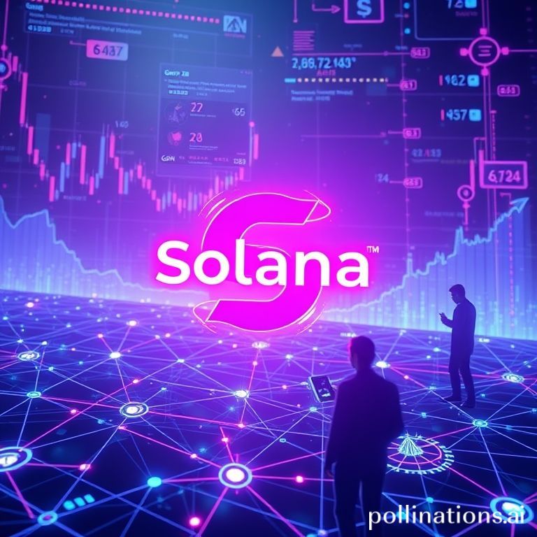 A futuristic, vibrant digital art illustration showing the Solana logo (a purple/pink gradient 'S') glowing brightly amidst a network of interconnected nodes and data streams. In the background, there are abstract representations of cryptocurrency charts showing an upward trend, and faint outlines of Gen Z individuals interacting with holographic devices. The overall vibe is energetic, tech-forward, and optimistic, suitable for a crypto and future-oriented theme.