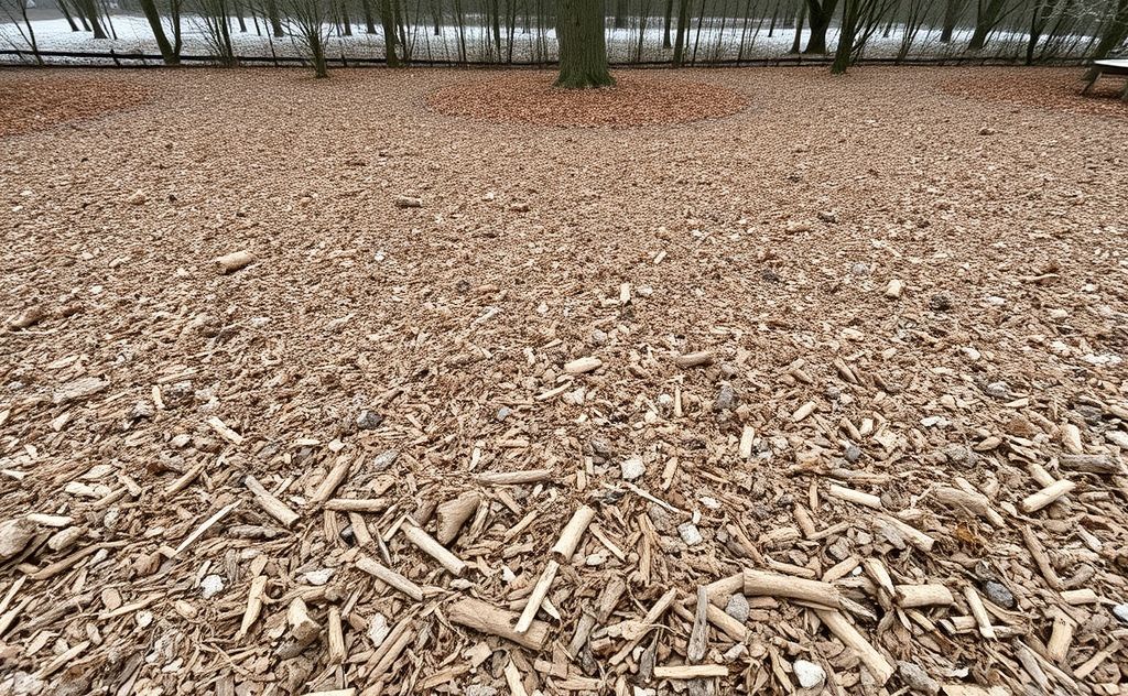 A garden bed covered with a thick layer of mulch in winter.