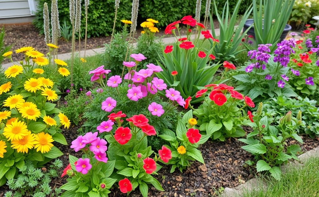 A garden bed with vibrant plants and a layer of pre-emergent herbicide.