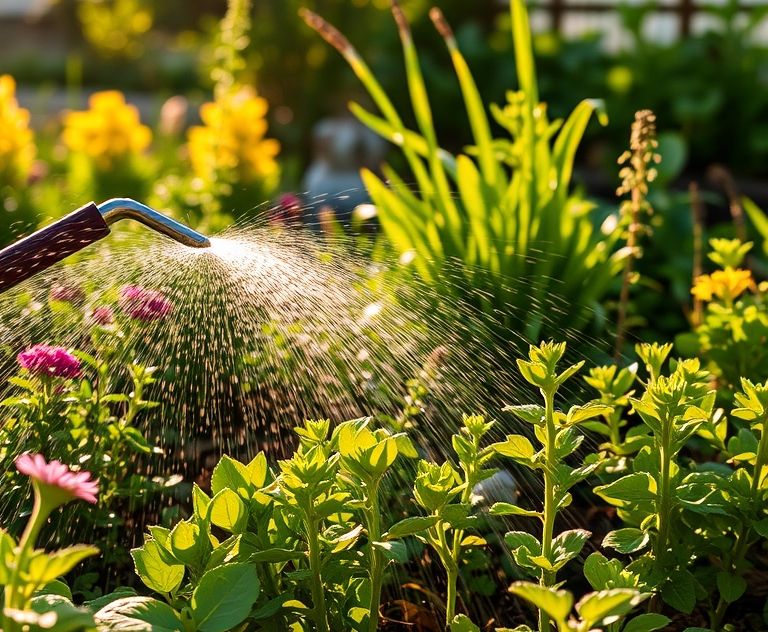 A garden being watered in the early morning sunlight.