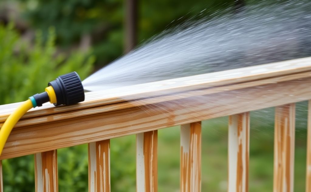 A garden hose spraying water on dirty deck railings.