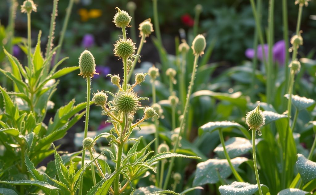 A garden scene showing early morning dew on various plants.
