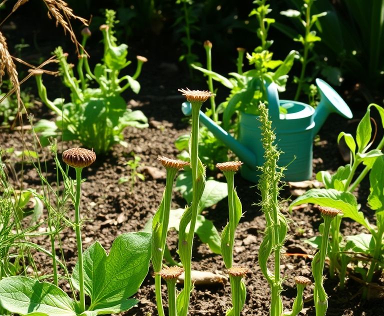A garden scene showing wilted plants and a watering can in sunlight.