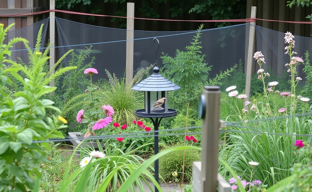 A garden scene with a bird feeder surrounded by physical barriers.