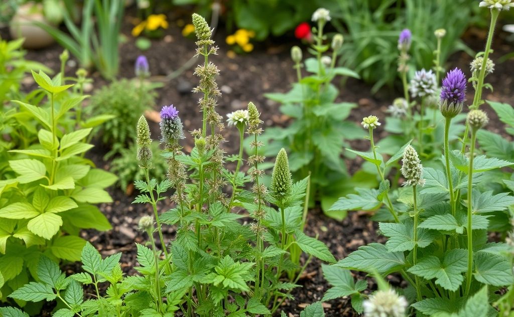 A garden scene with natural plants and herbs for pest control.