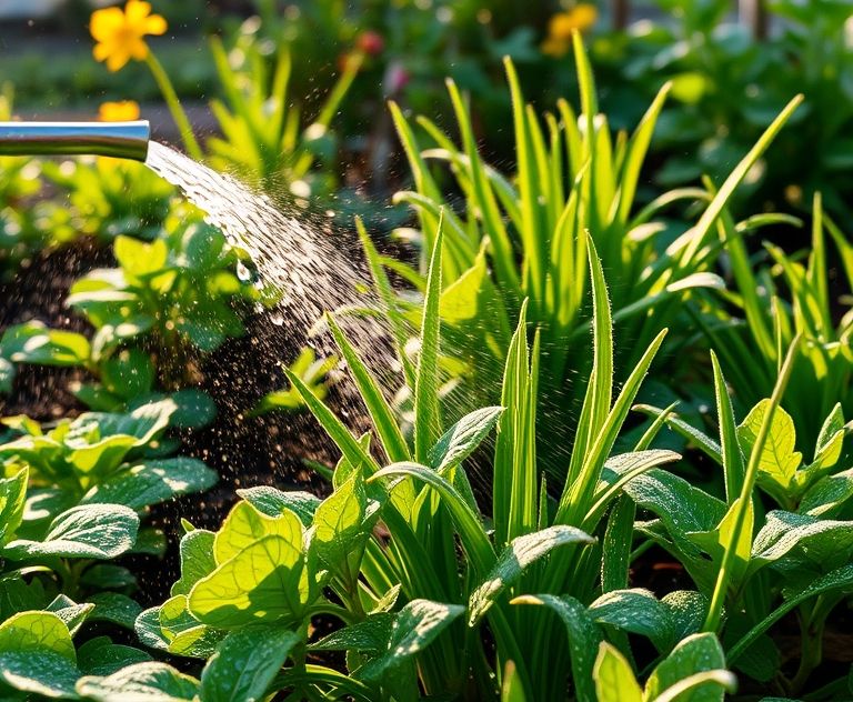 A garden with dew-covered plants being watered in the morning sun.