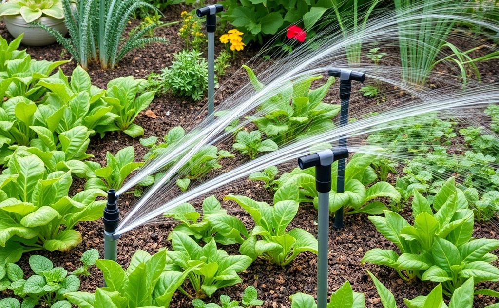 A garden with various watering methods like drip irrigation and sprayers.