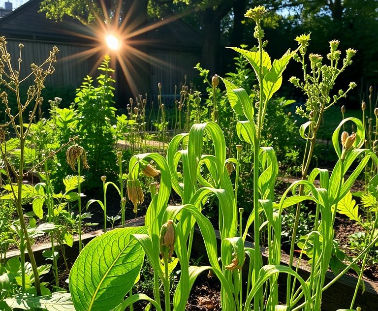 A garden with wilting plants and a sun blazing overhead.