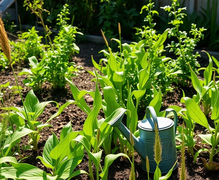 A garden with wilting plants and a watering can under a hot sun.
