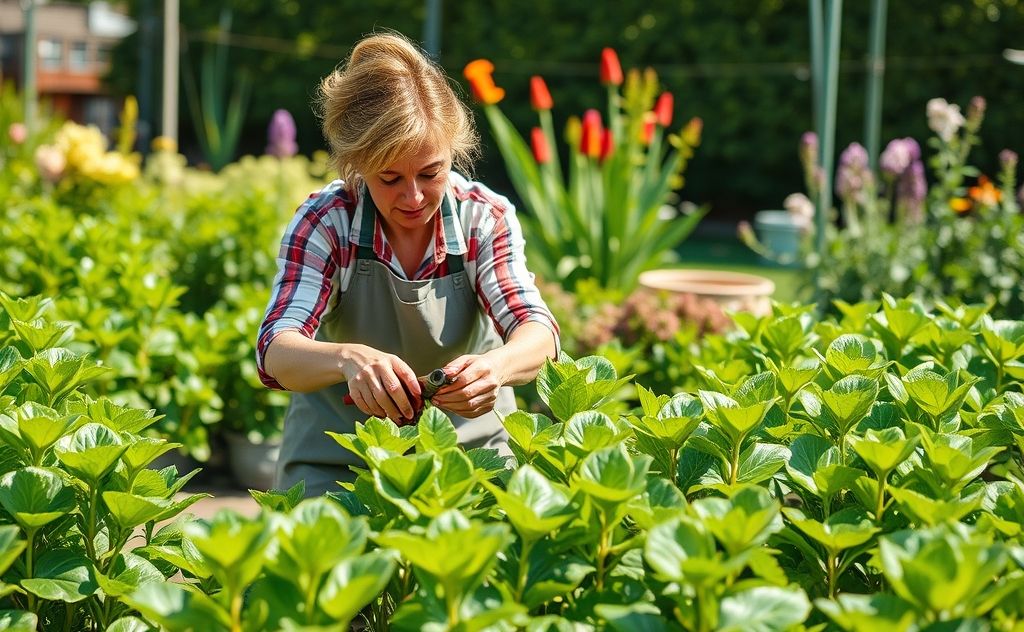 A gardener carefully pruning vibrant green plants in a sunny garden.