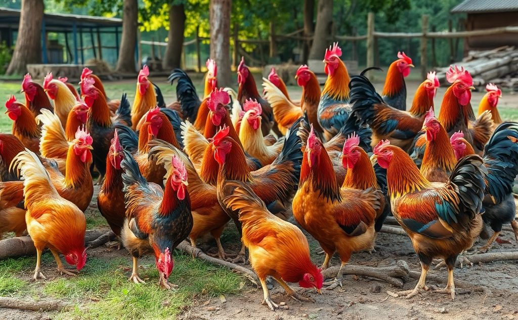 A gathering of chickens and roosters together