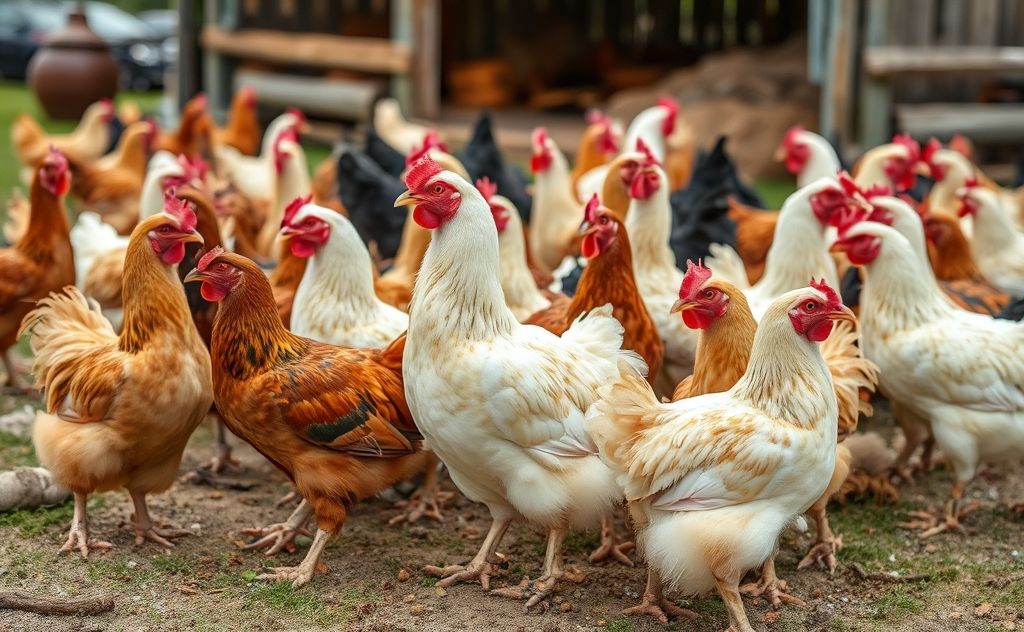 A gathering of chickens in a farm setting