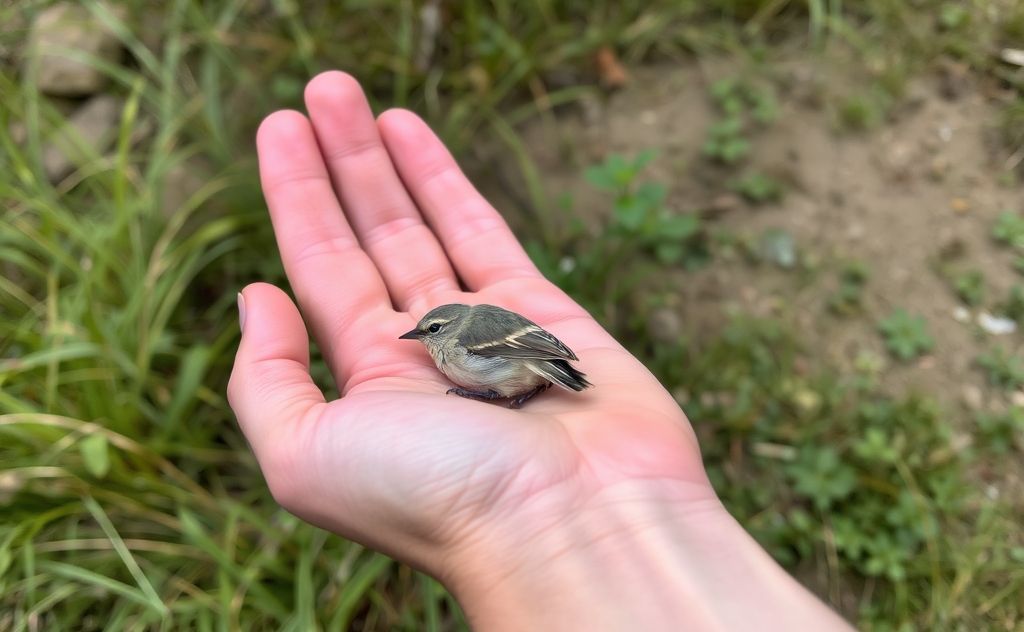 A gentle hand cradling a small injured bird in a natural setting
