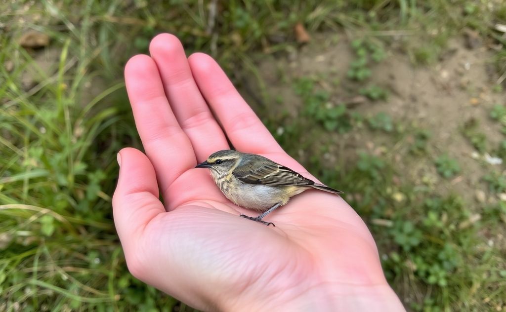 A gentle hand cradling a small injured bird in a natural setting.