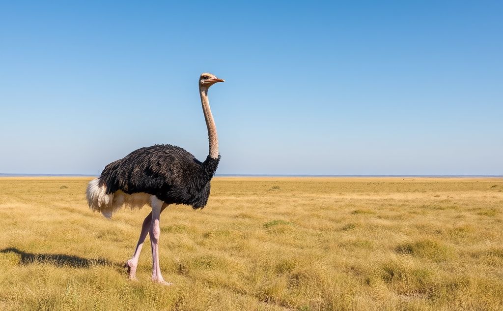 A giant ostrich standing in a vast, open grassland environment.
