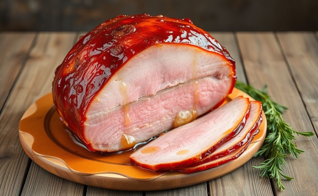 A glazed honey baked ham on a rustic wooden table with herbs.